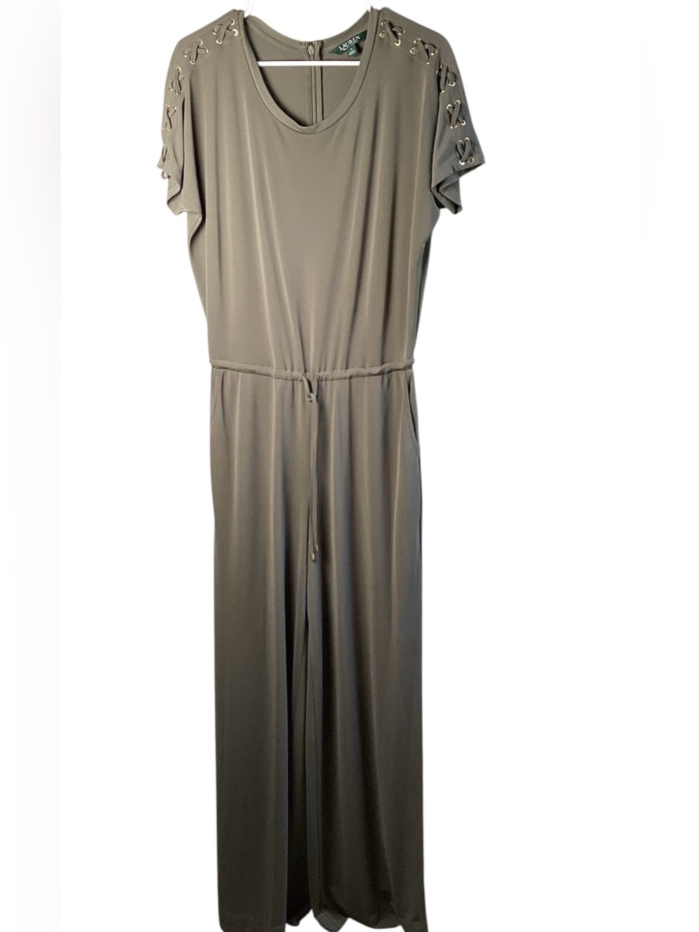 Lauren Ralph Lauren Olive Green Short-Sleeve Tie-Waist Maxi Jumpsuit
